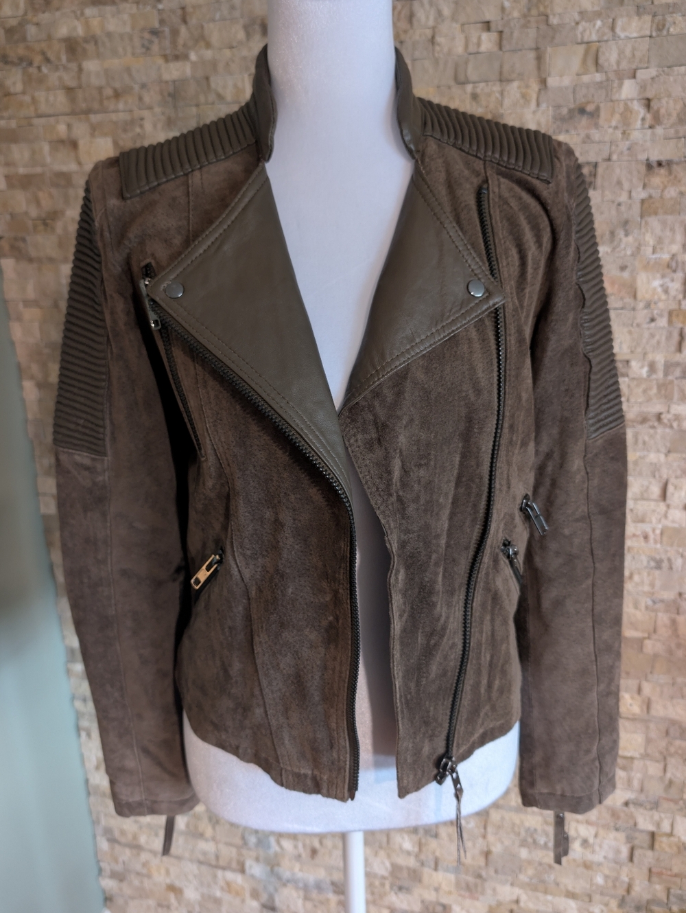 Mango Genuine Leather Suede Brown Jacket Motorcycle Zippers Shoulder Accents XXS